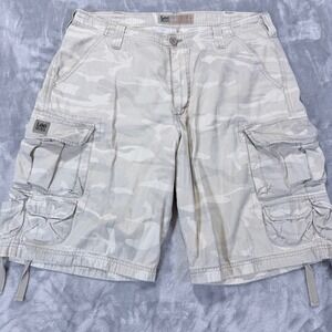 Lee Dungarees Mens Camo Cargo Shorts Size 34 Beige Relaxed Fit Cotton Twill Vtg